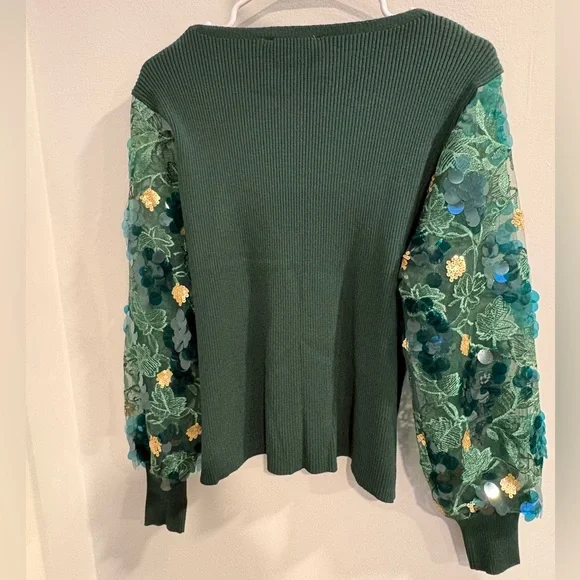 Sioni Green Embellished Sleeve Sweater - Picture 2 of 13